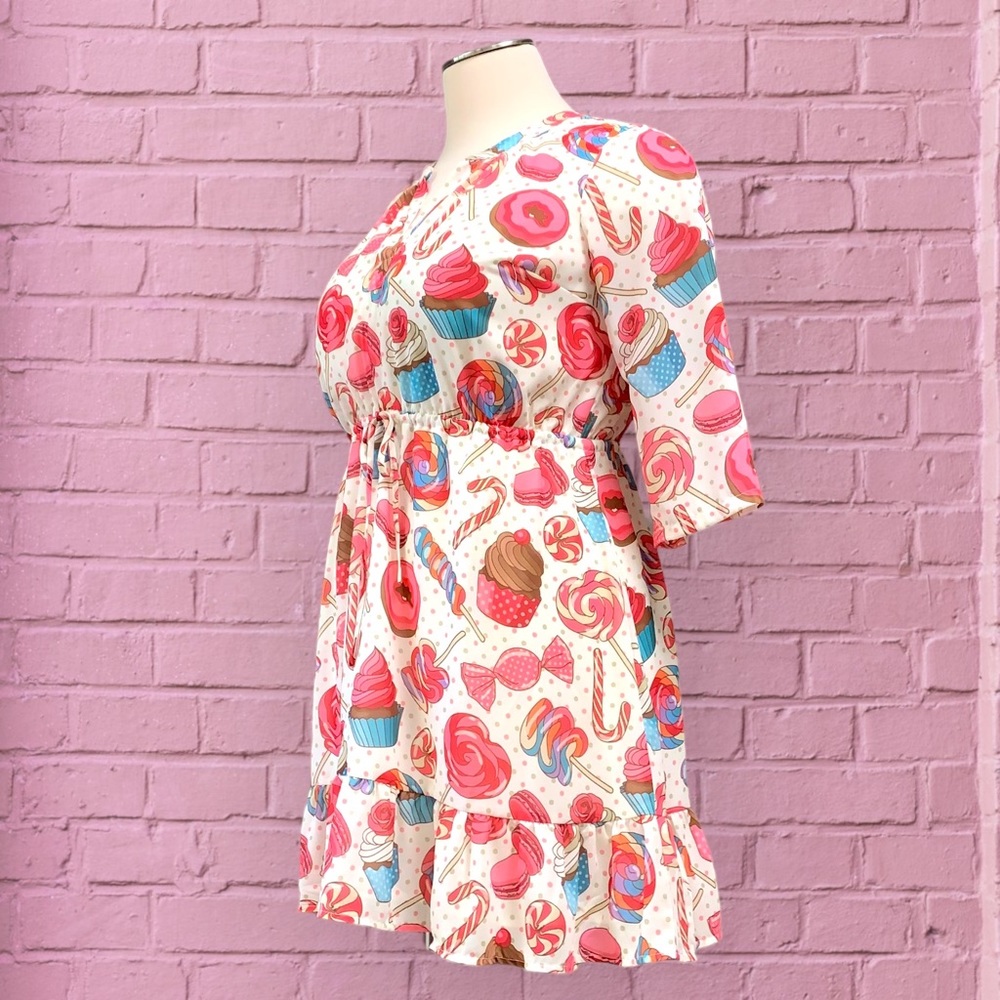 NWT Modcloth Candyland Chiffon Ruffled Hem Dress Sleeves Tie Waist Pink Blue 1X - Picture 4 of 14
